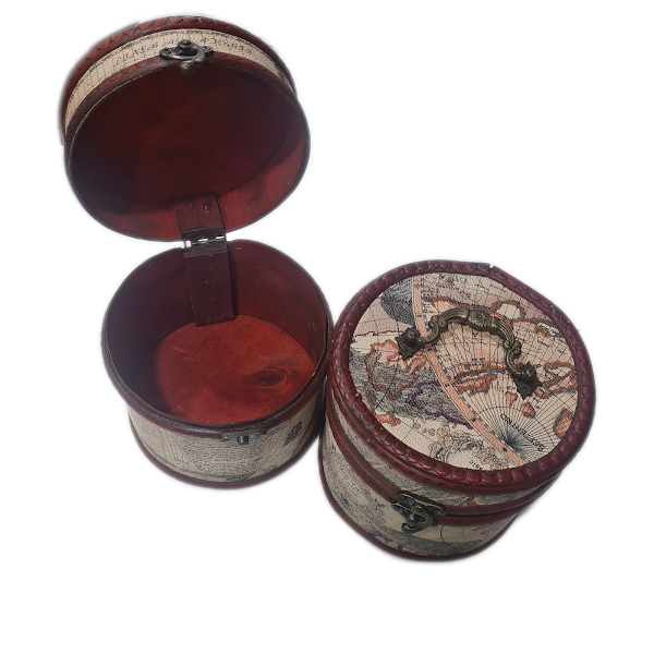 Small Circular Wooden Box With Treasure Map Design.