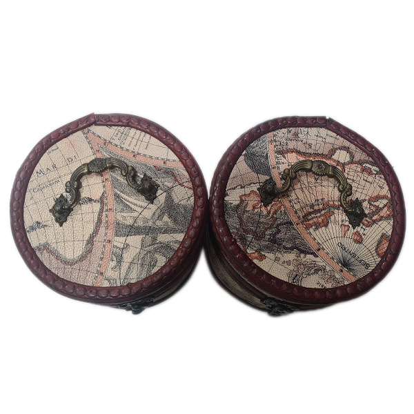 Small Circular Wooden Box With Treasure Map Design.