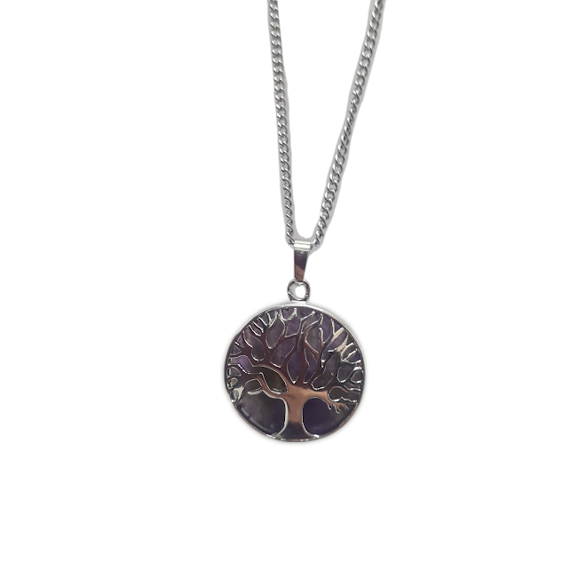 Round Silver Amethyst Tree Of Life Necklace