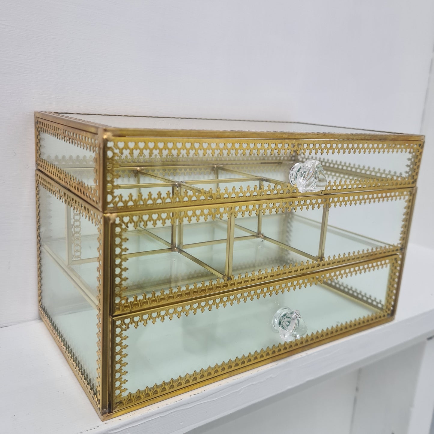 Brass Glass Make Up and Jewellery Box