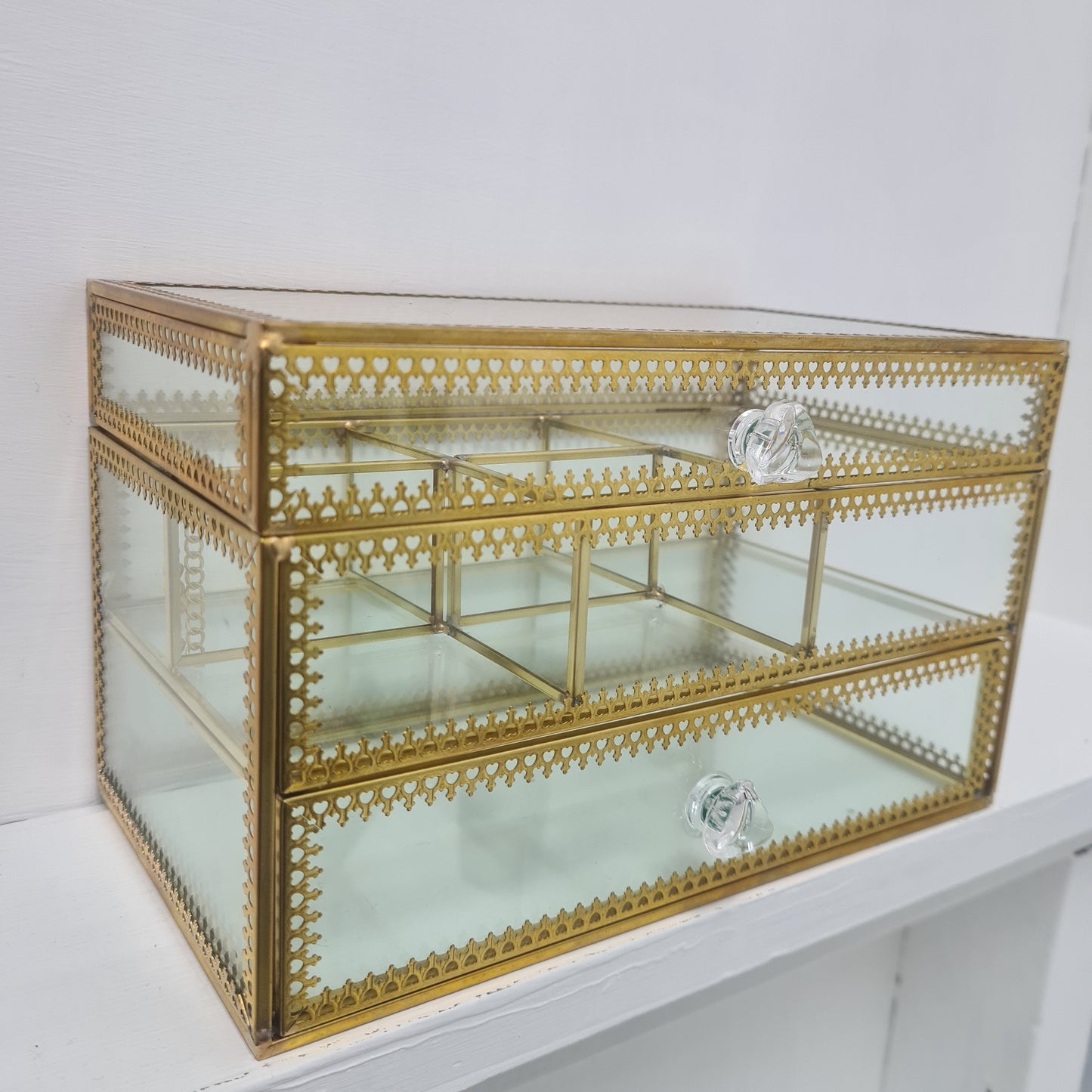 Brass Glass Make Up and Jewellery Box