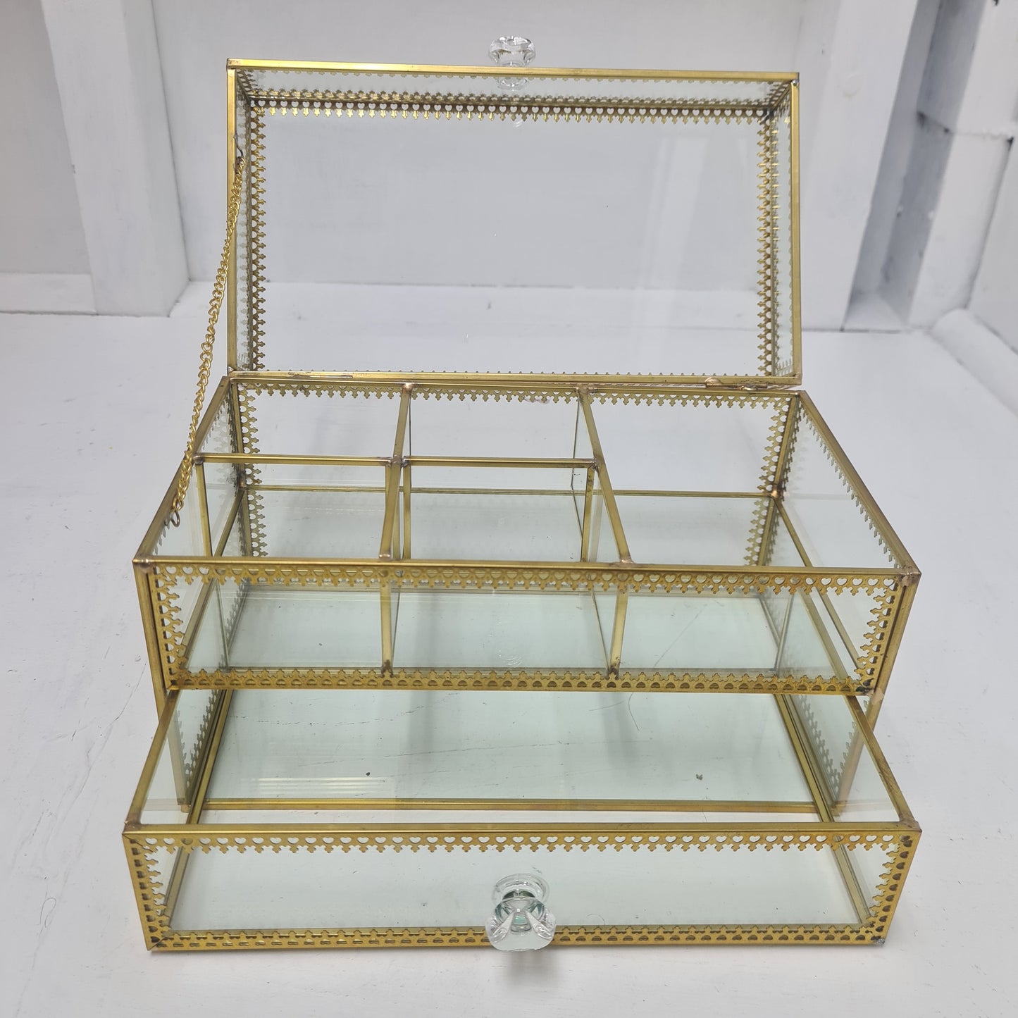 Brass Glass Make Up and Jewellery Box