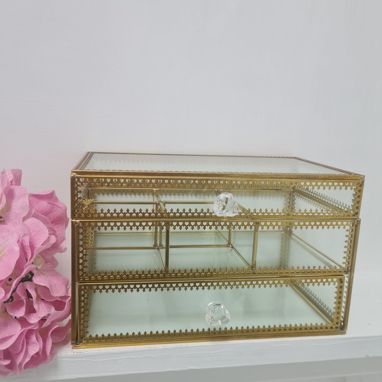 Brass Glass Make Up and Jewellery Box
