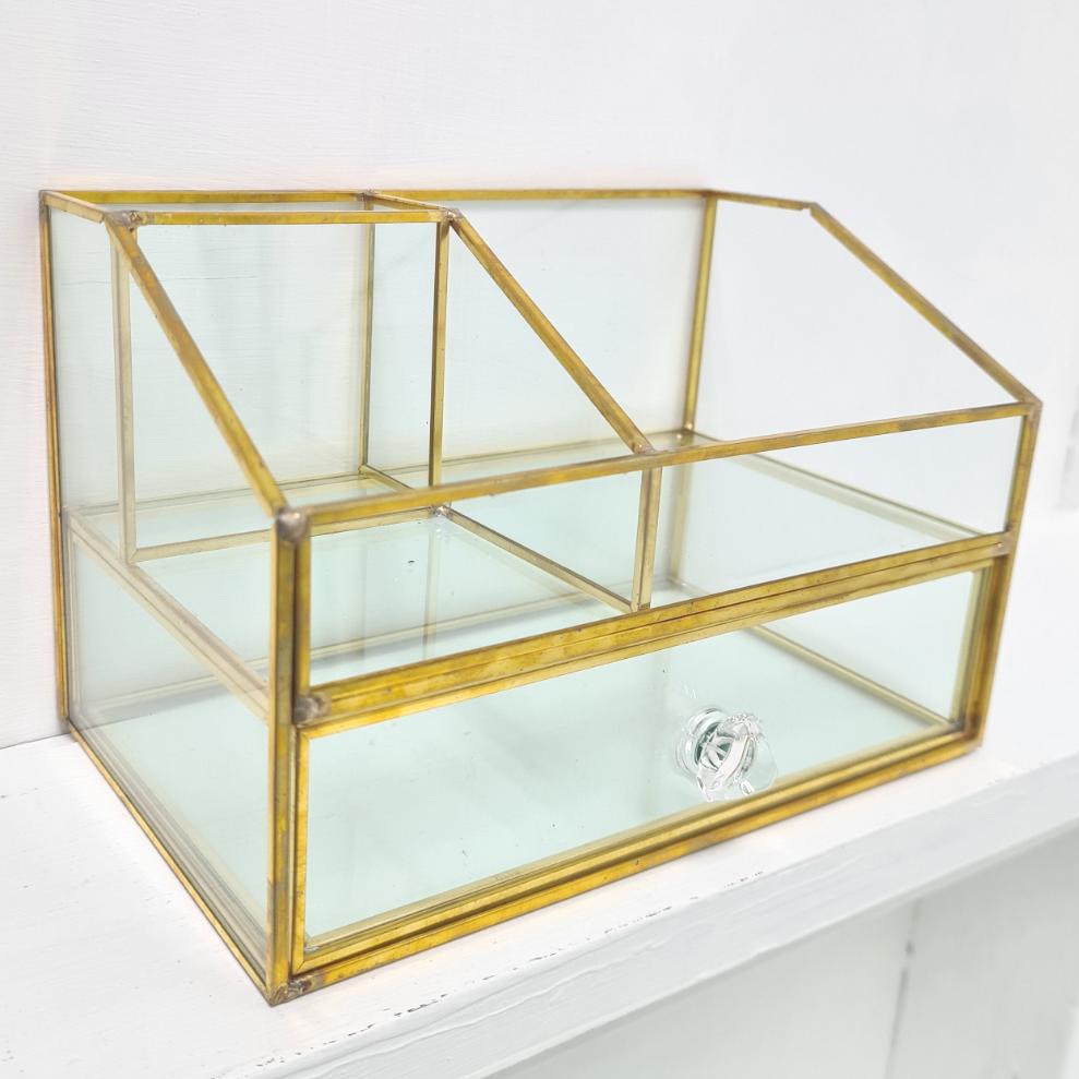 Brass Glass Make Up and Jewellery Box