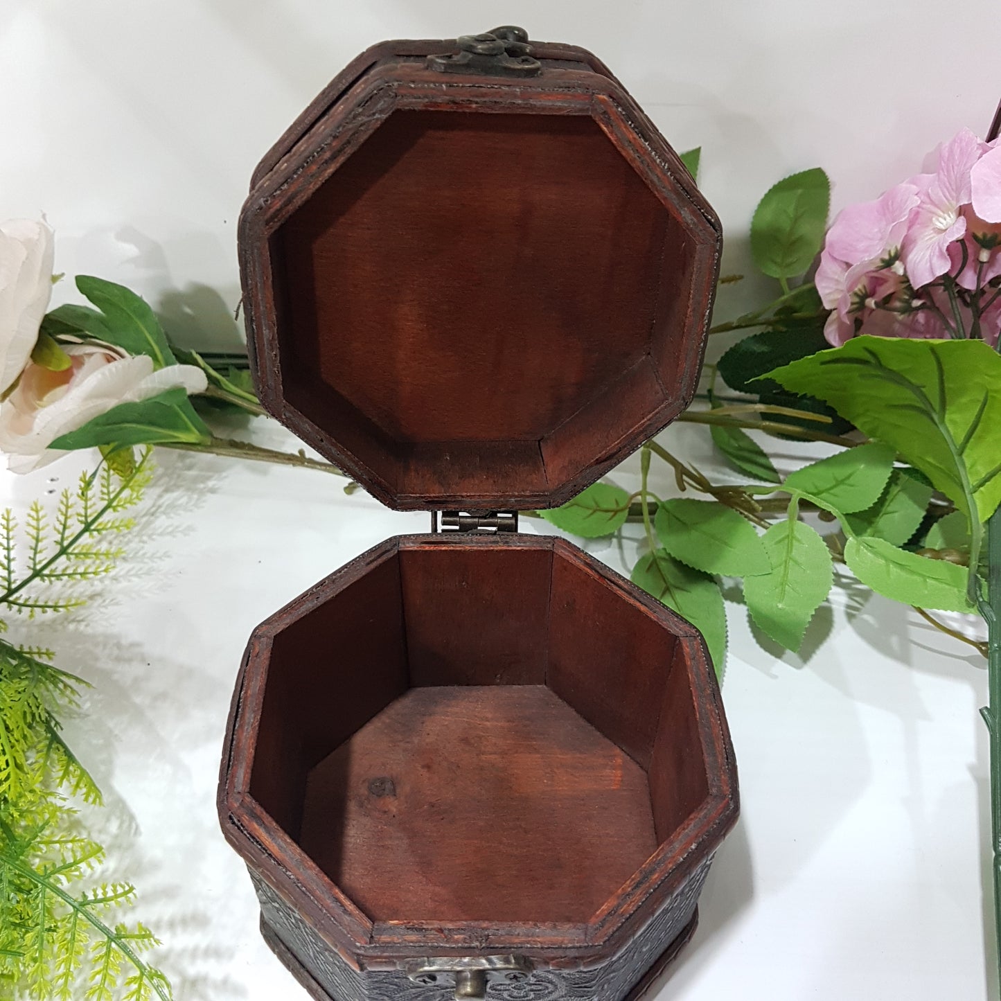 Small Octagon Wooden Box With Black & Gold Flower Pattern
