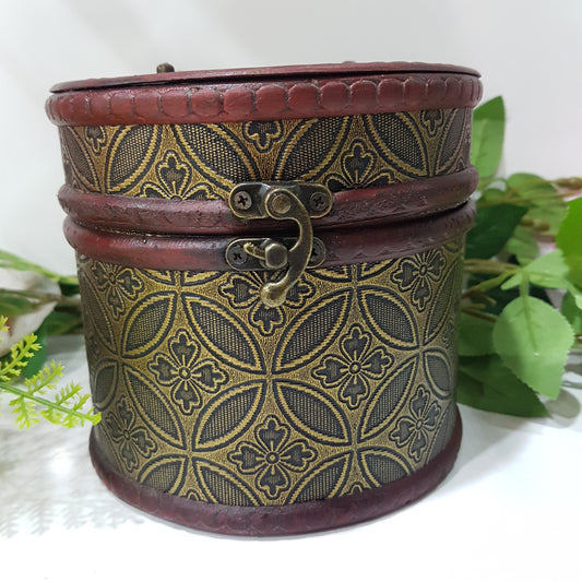 Small Circular Wooden Box With Dark Gold Circles & Flowers