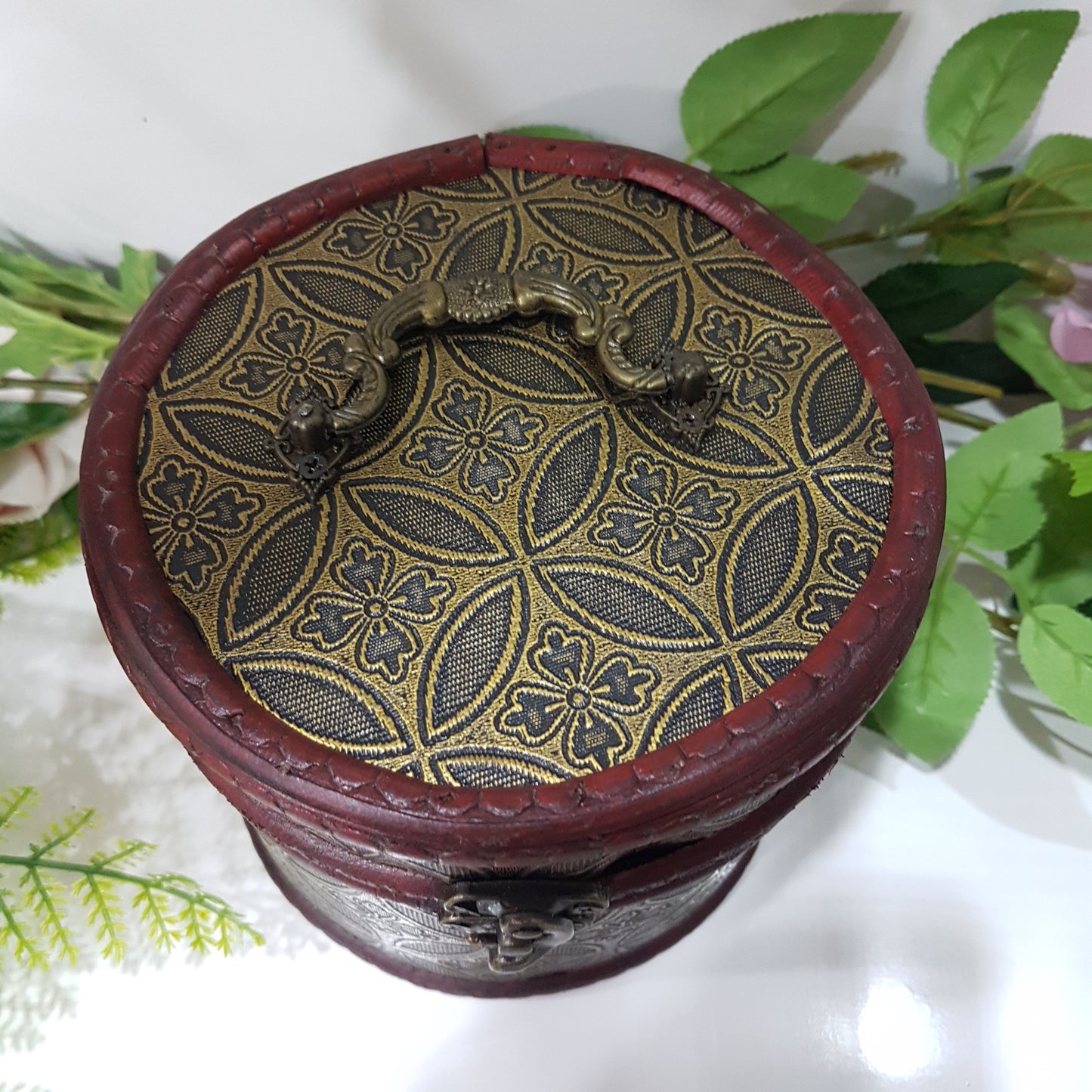 Small Circular Wooden Box With Dark Gold Circles & Flowers