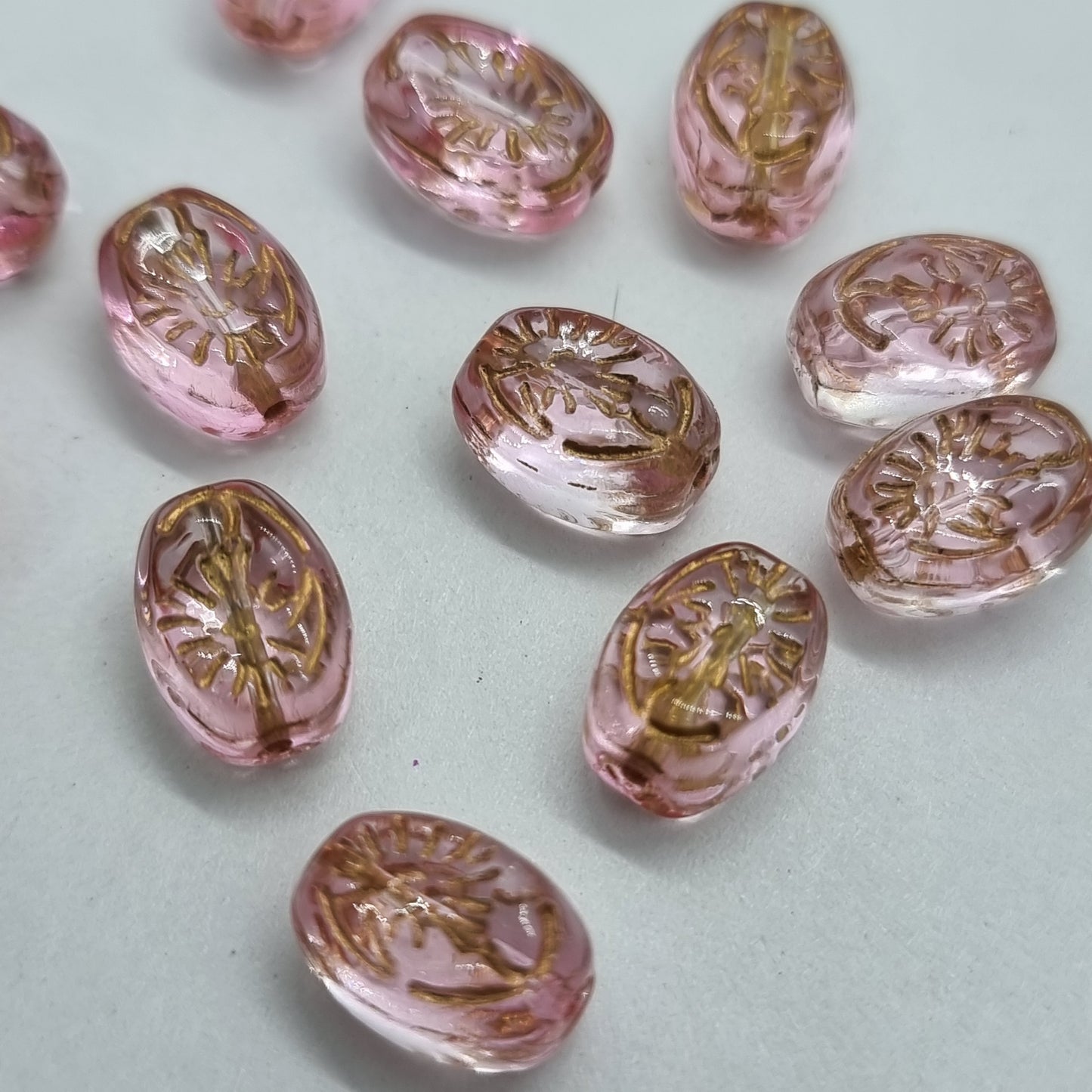 12pc Gold Inlaid Pink Oval Glass Beads