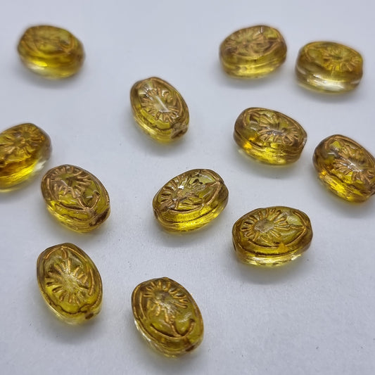 12pc Golden Inlaid Oval Glass Beads