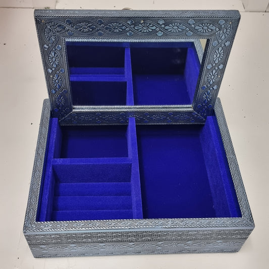 Blue Velvet Lined Folding Mirror Jewellery Box