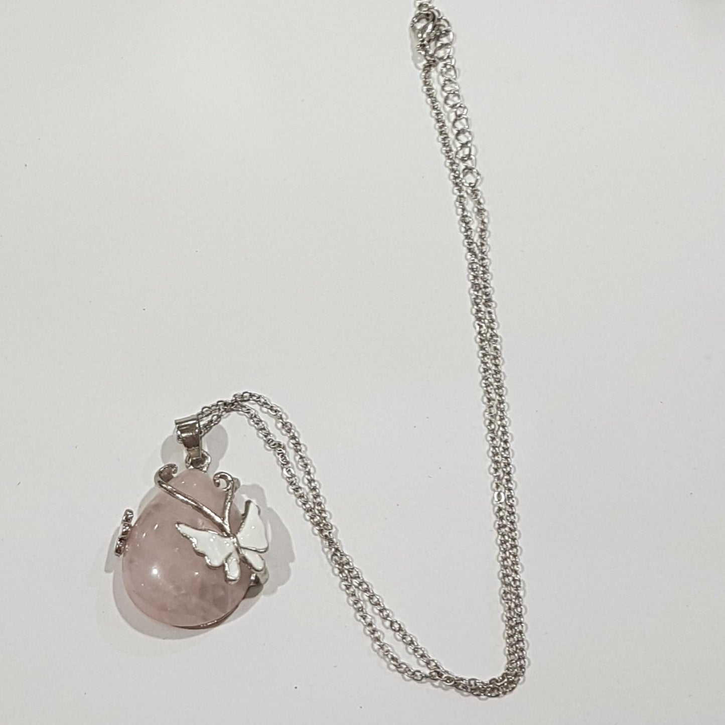 Oval Rose Quartz Necklace With White Butterflies