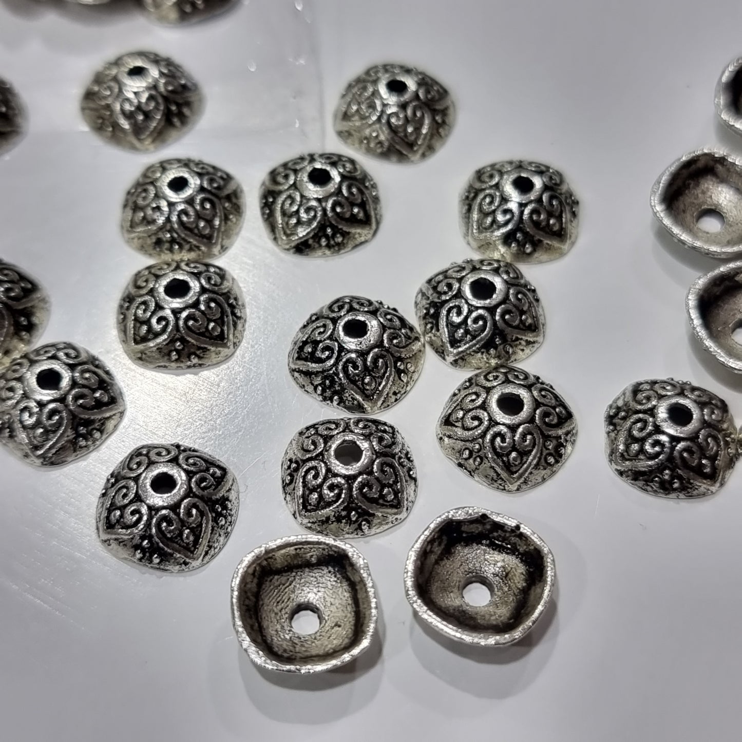 50PC Antique Silver Heart Swirl Bead Caps