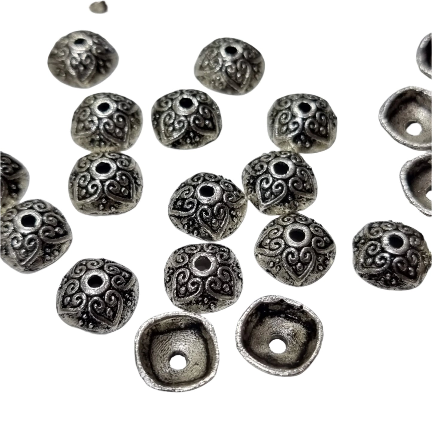 50PC Antique Silver Heart Swirl Bead Caps
