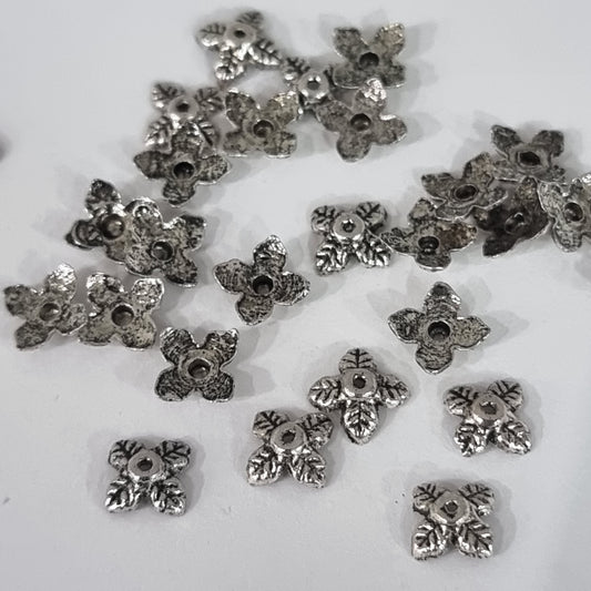 50pc Antique Silver 4 Leaf Bead Caps