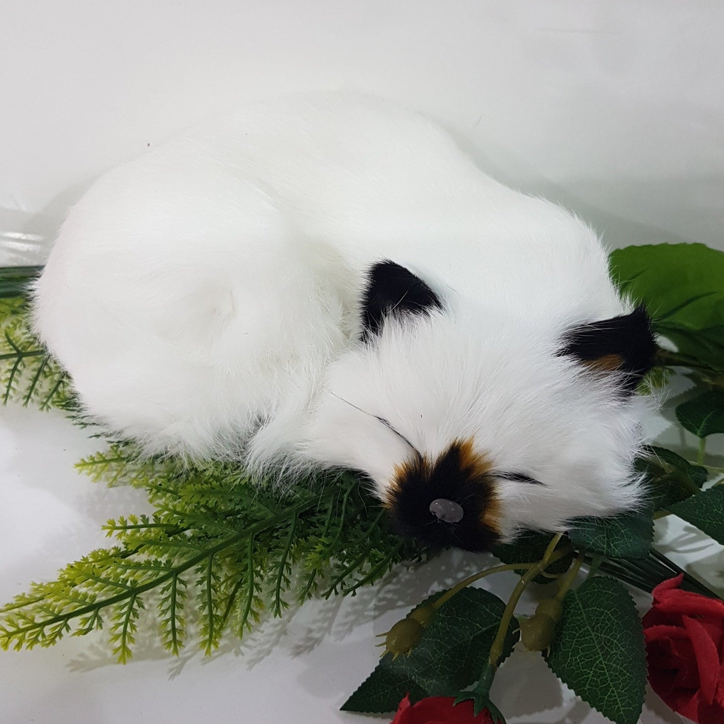 White Lifelike Sleeping Cat Toy With Black & Ginger Ears