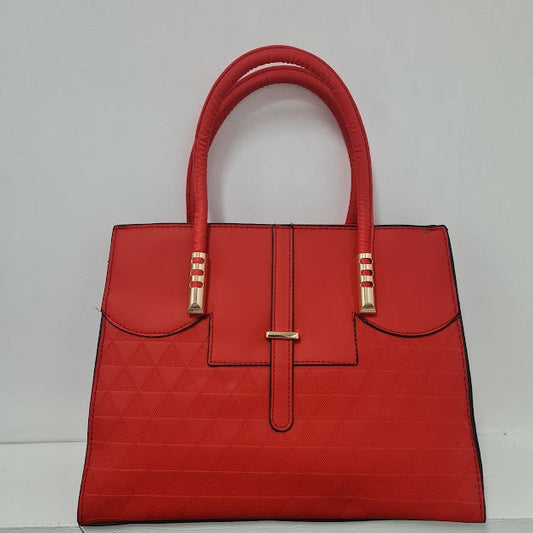 2 pc Large Red Leather Handbag With Triangle Pattern.