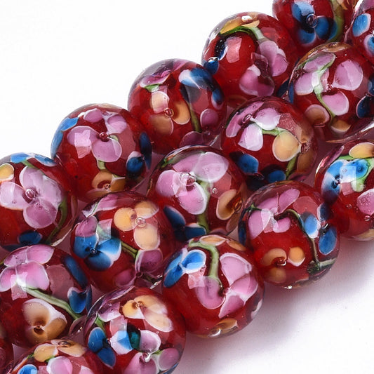 10mm Red Floral Lampwork Glass Bead