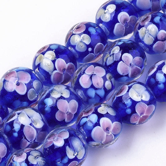 10mm Blue Floral Lampwork Glass Bead