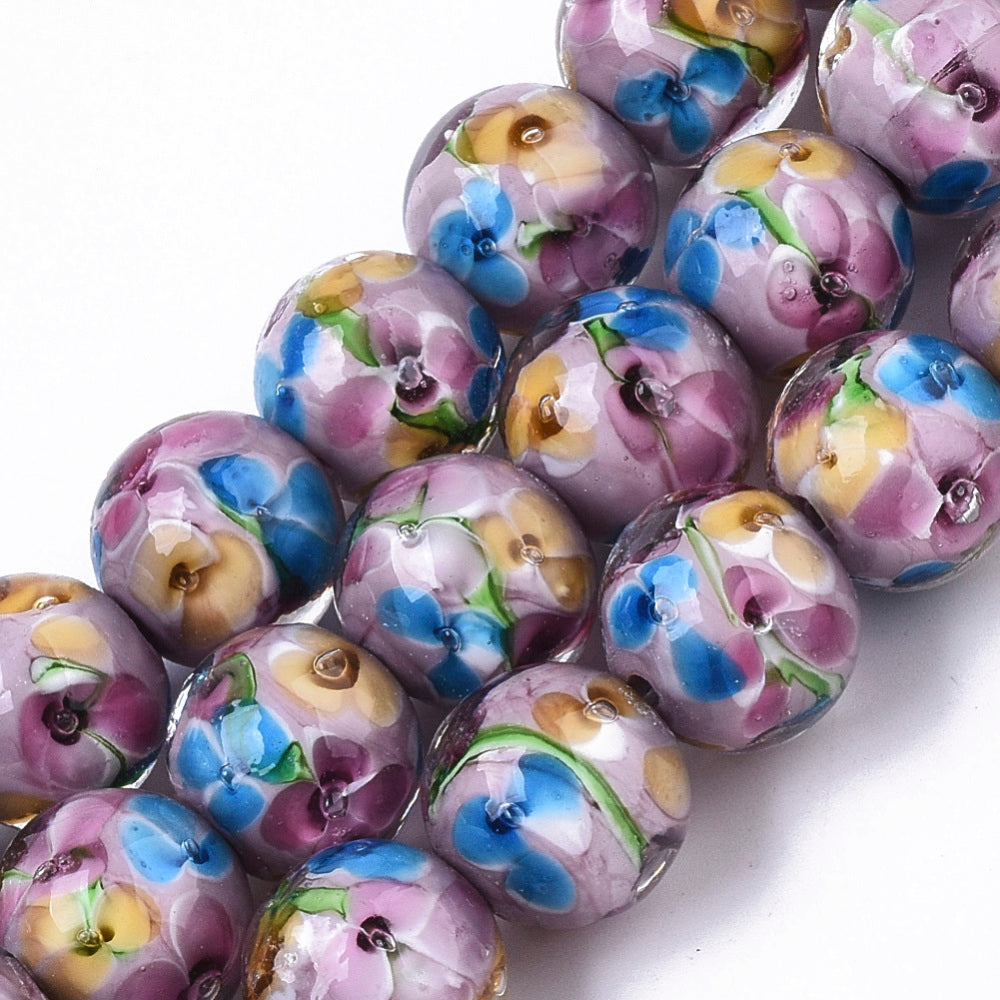 10mm Purple Floral Lampwork Glass Bead