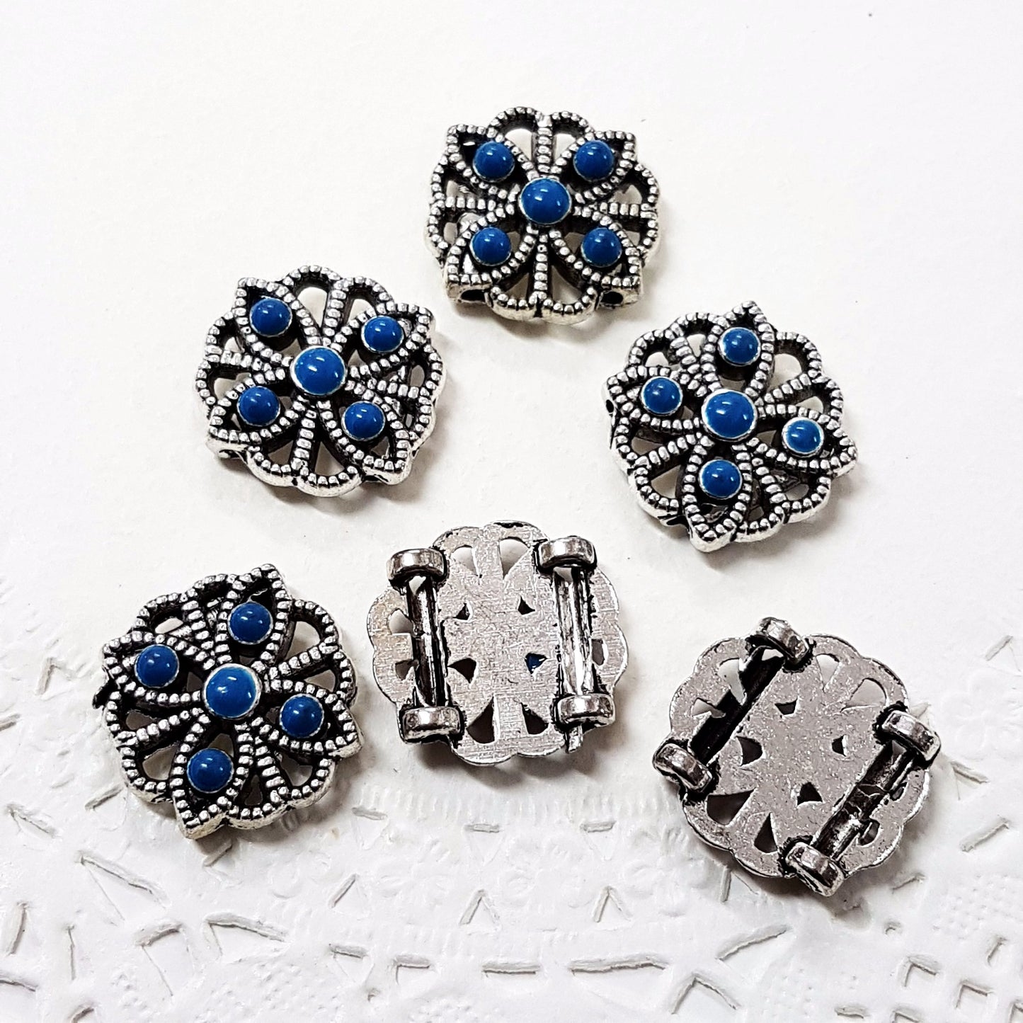 6pc Blue Flower Two Hole Connectors