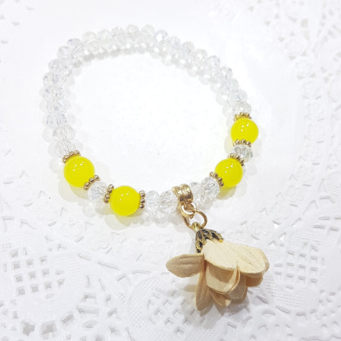 Crystal Glass Yellow Beaded Flower Bracelet