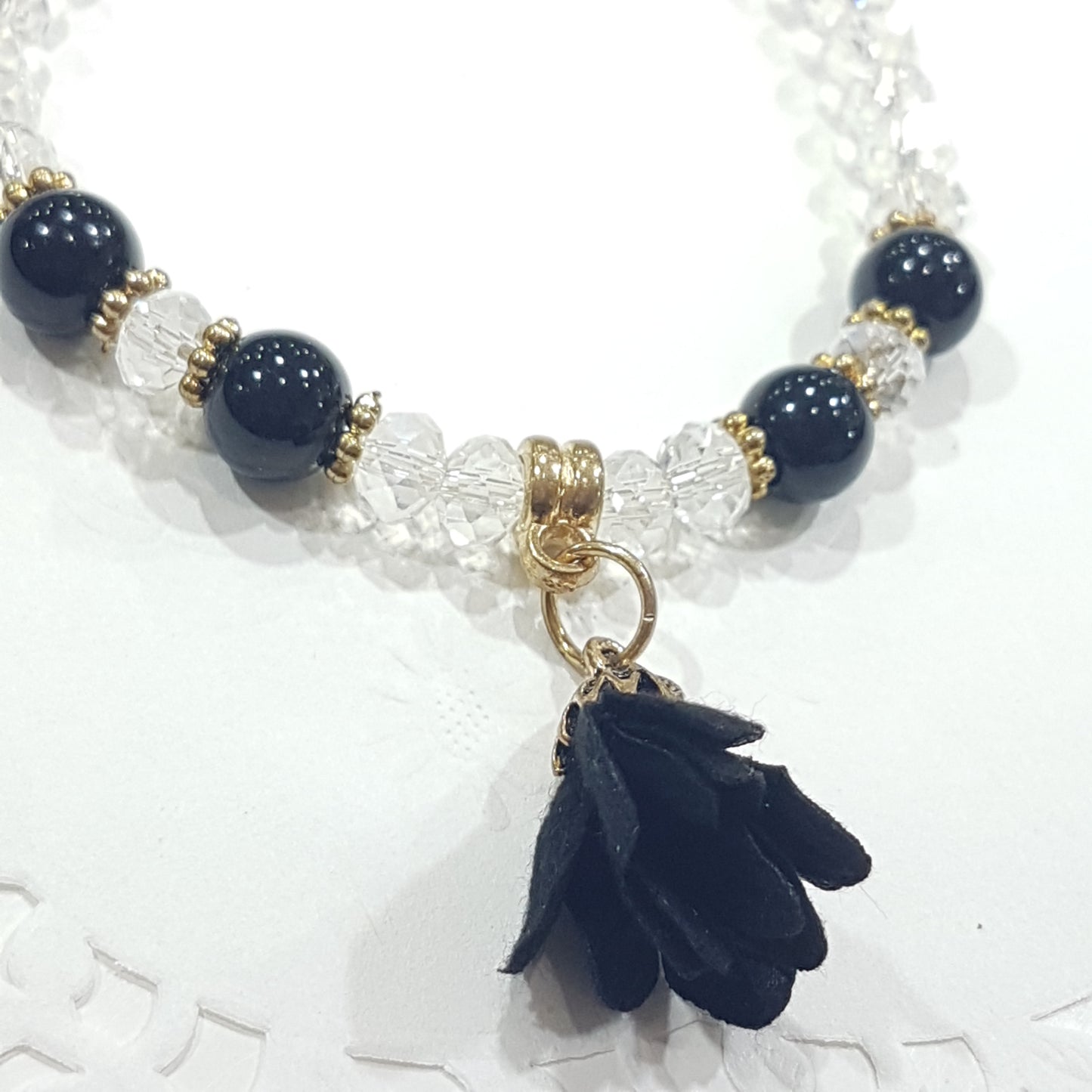 Crystal Glass Black Beaded Flower Bracelet