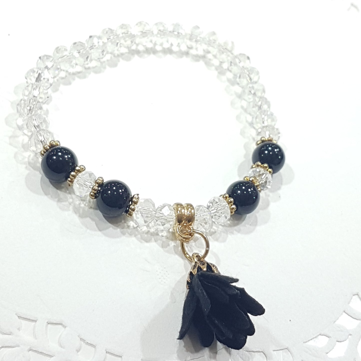 Crystal Glass Black Beaded Flower Bracelet