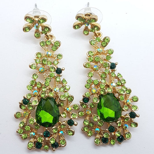 Green Floral Drop Rhinestone Earrings