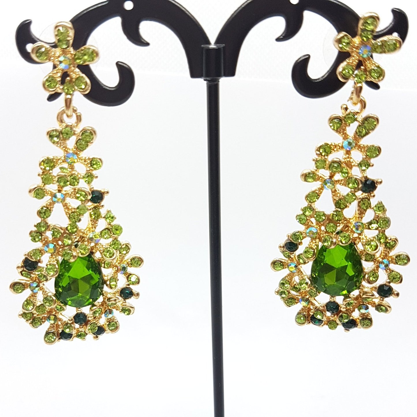 Green Floral Drop Rhinestone Earrings