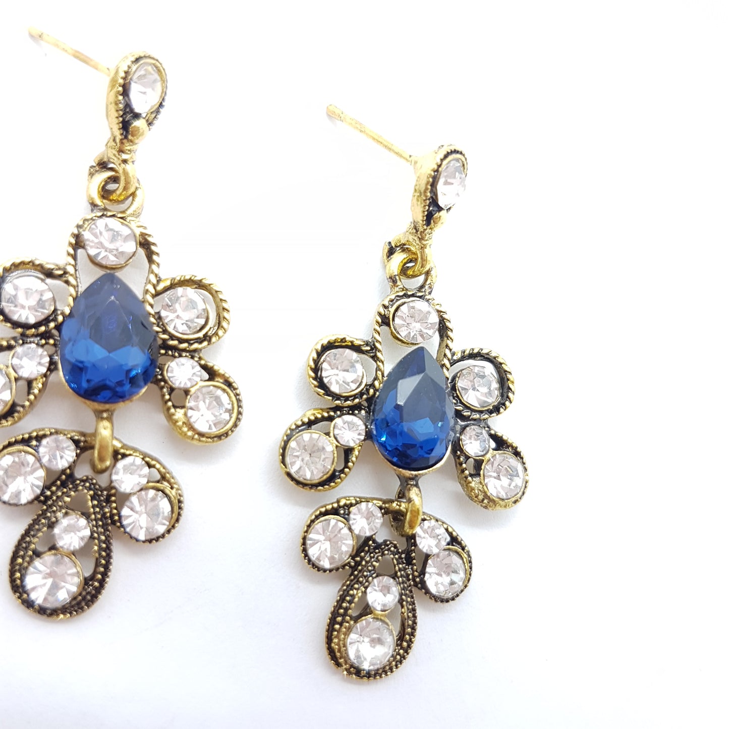 Antique Style Blue Rhinestone Earrings