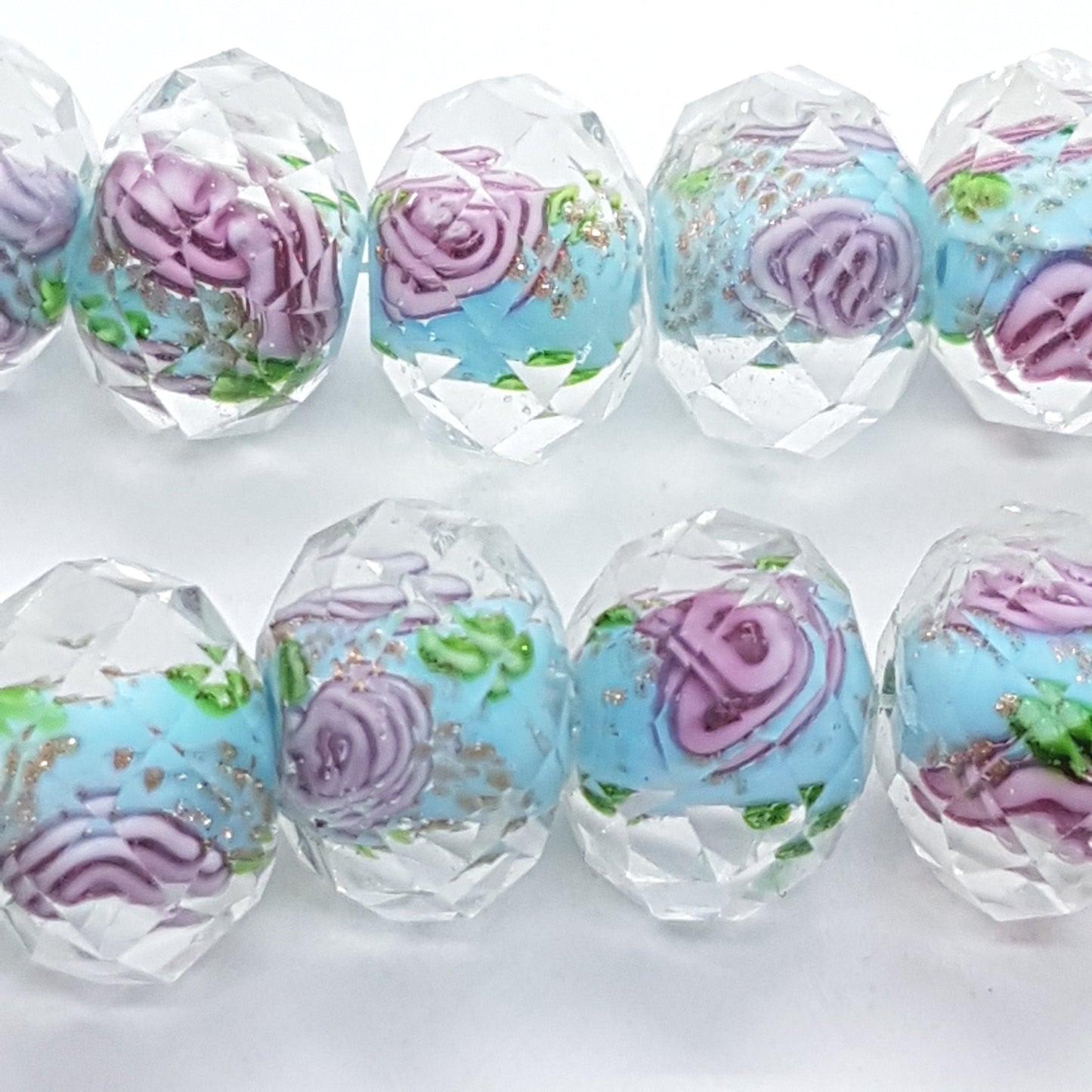 10pc Rose Faceted Rondelle Blue Glass Bead