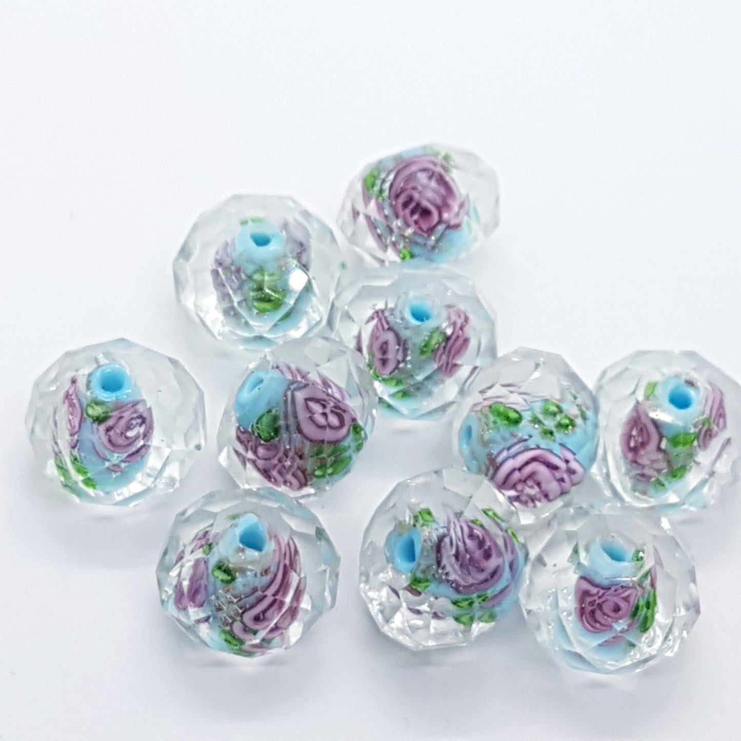 10pc Rose Faceted Rondelle Blue Glass Bead