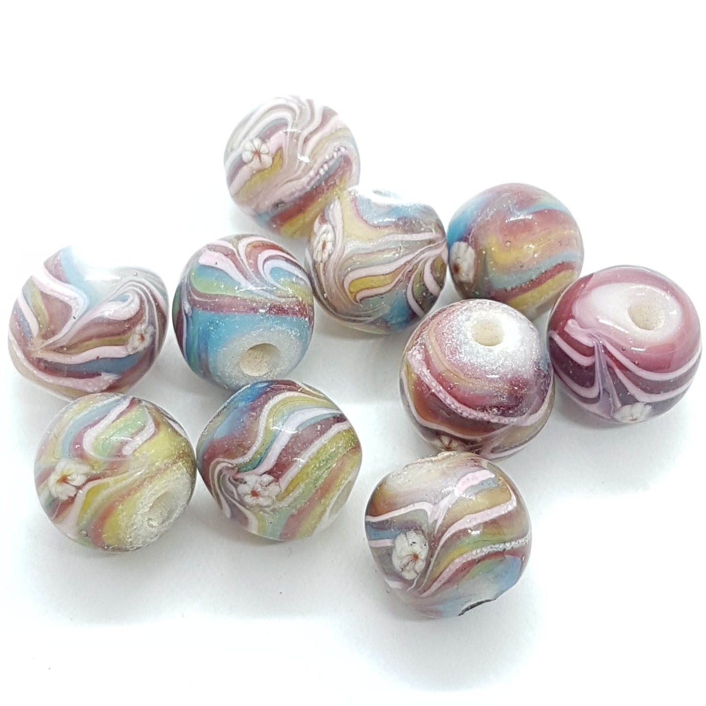 10pc Rainbow Swirl Round Lampwork Bead