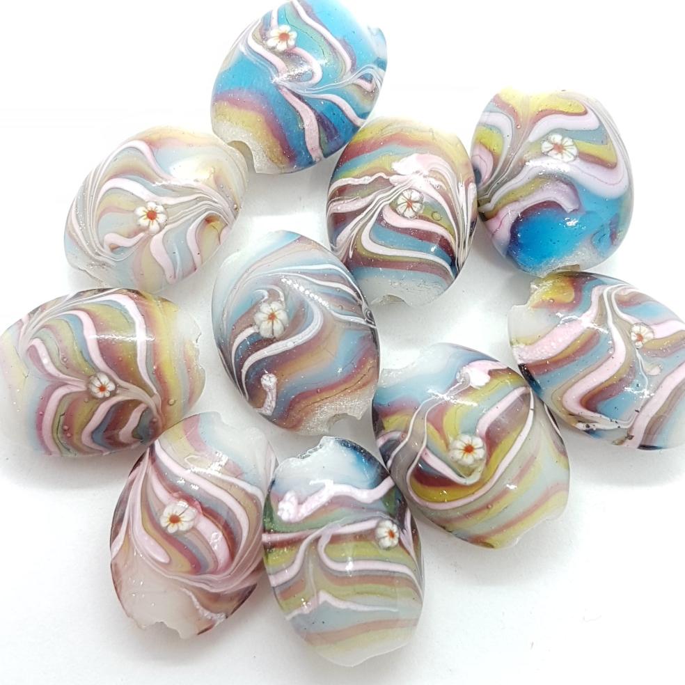 10pc Rainbow Swirl Oval Lampwork Bead