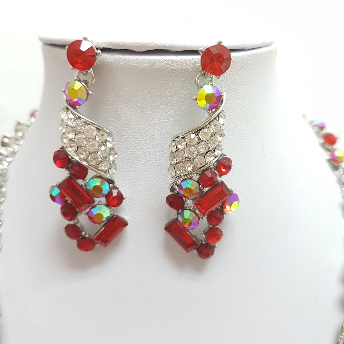 Red and Silver Rhinestone Necklace Set