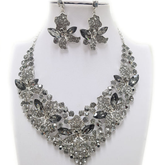 Grey Floral Rhinestone Necklace Set