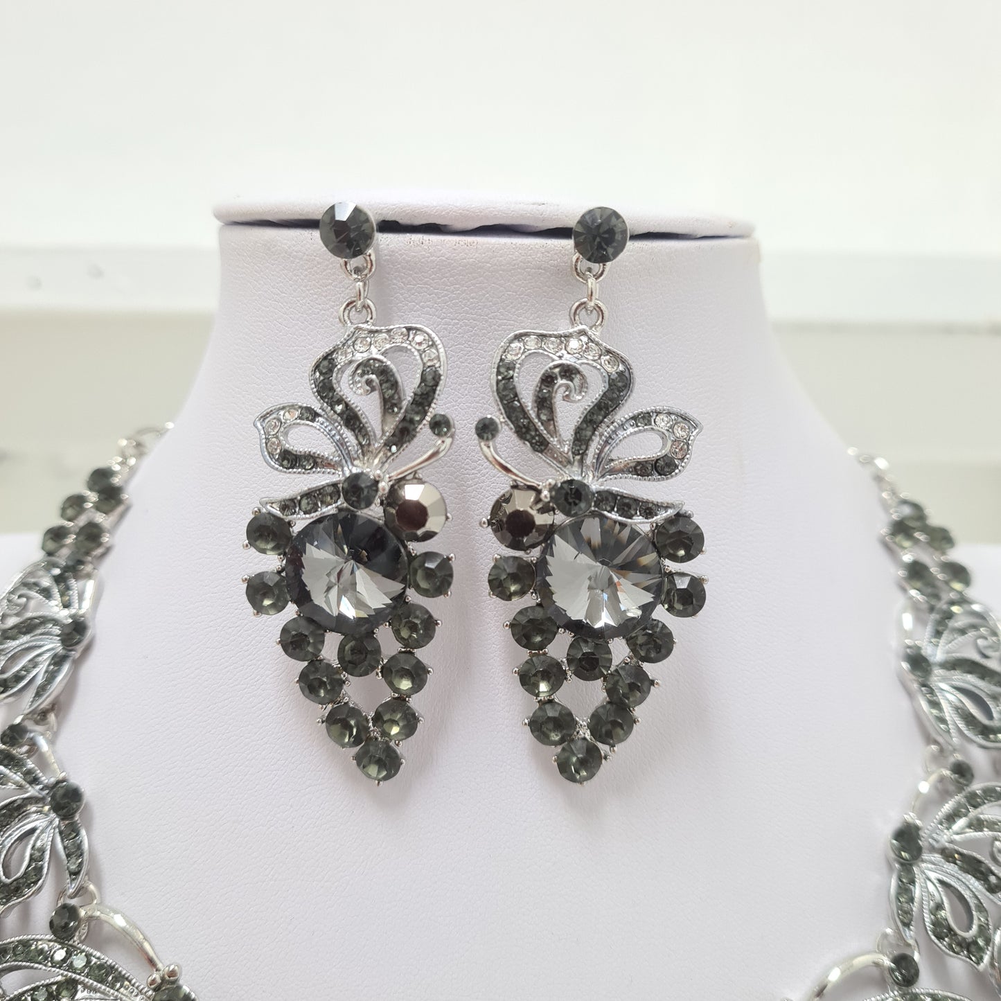 Grey Butterfly Rhinestone Necklace Set
