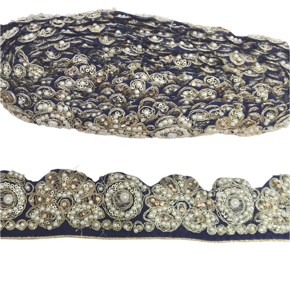 Dark Blue Fabric & Pearl Trim