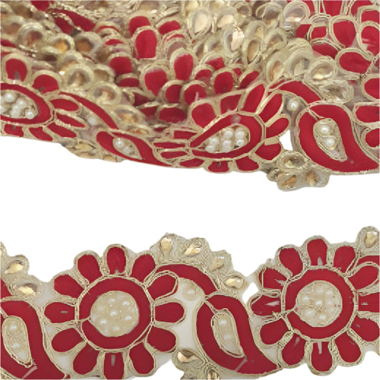 Red Flower, Gold & Pearl Trim