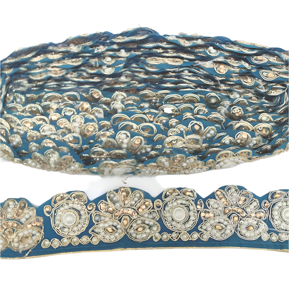 Blue fabric & Pearl Trim