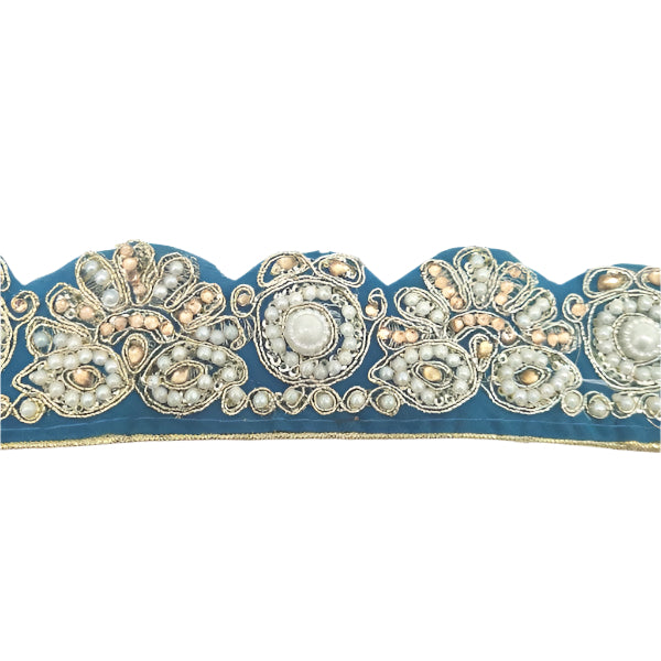 Blue fabric & Pearl Trim