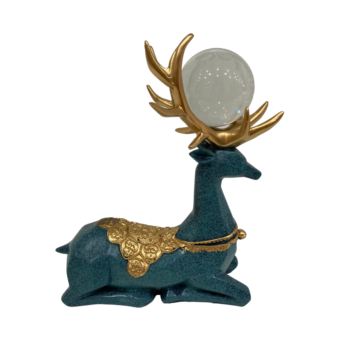 Blue and Gold Sitting Deer with Glass Ball