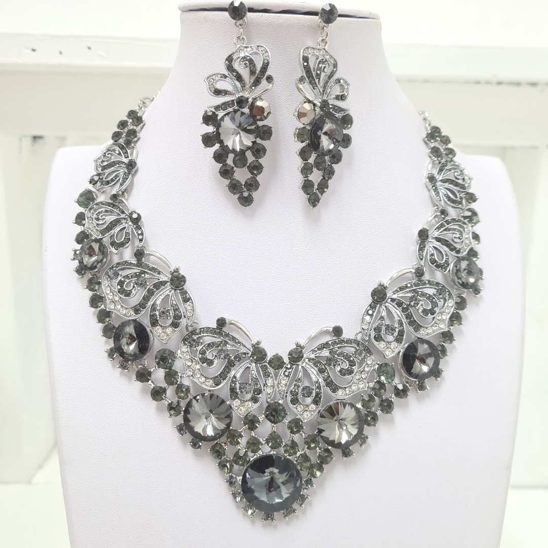 Grey Butterfly Rhinestone Necklace Set