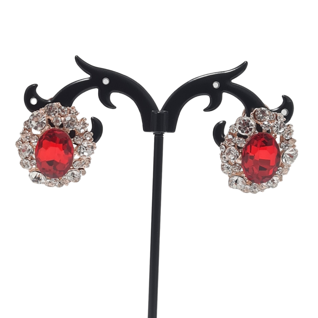 Red Oval Rhinestone Stud Earrings