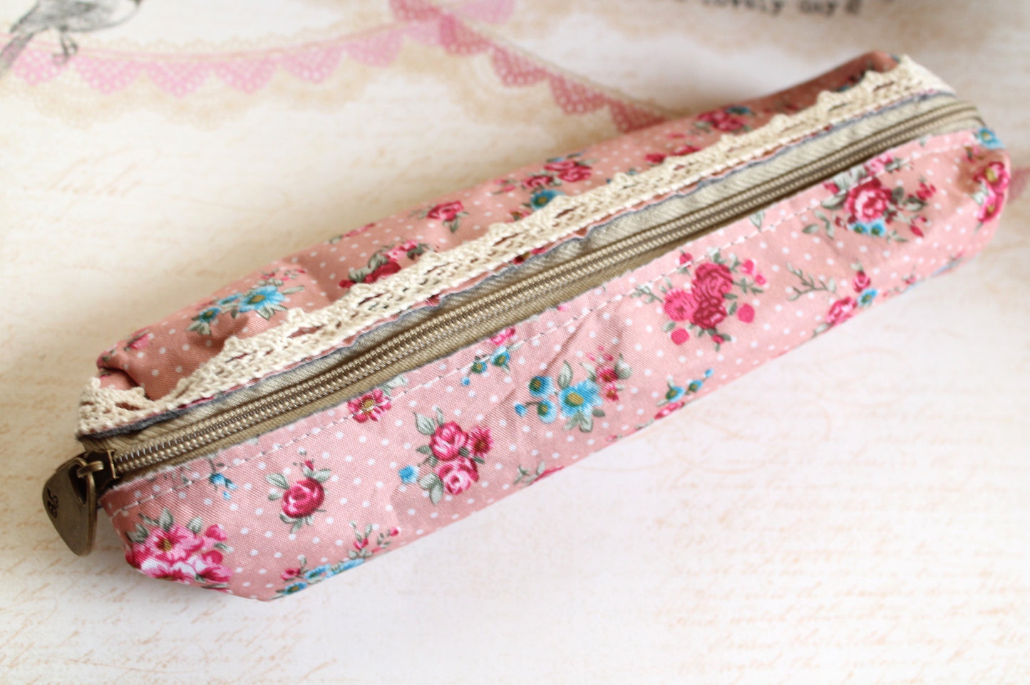 Pink Floral Fabric Pencil Case