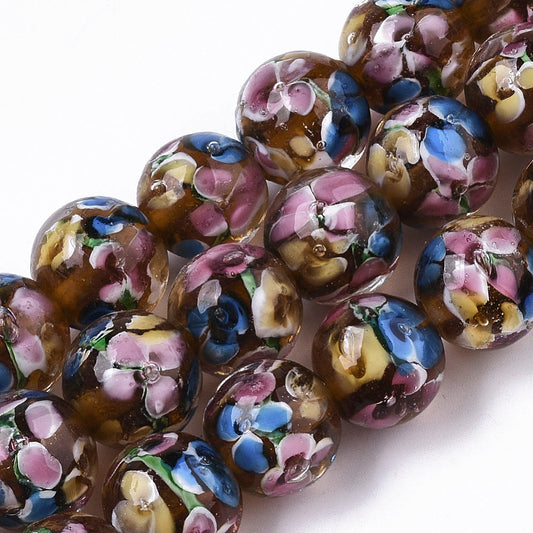 10mm Brown Floral Lampwork Glass Bead