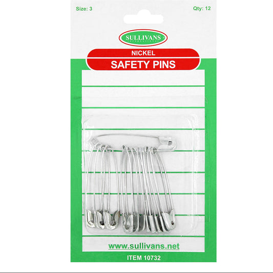 12pc Size 3 Nickel Safety Pins