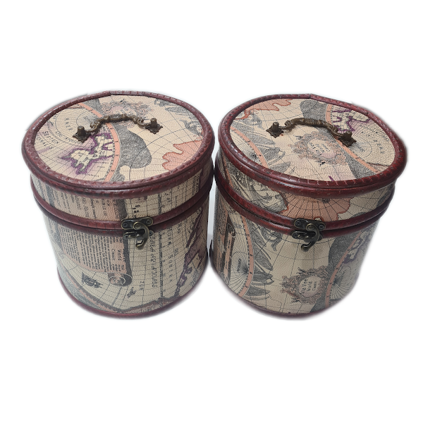 Circular Wooden Box With Treasure Map Design.