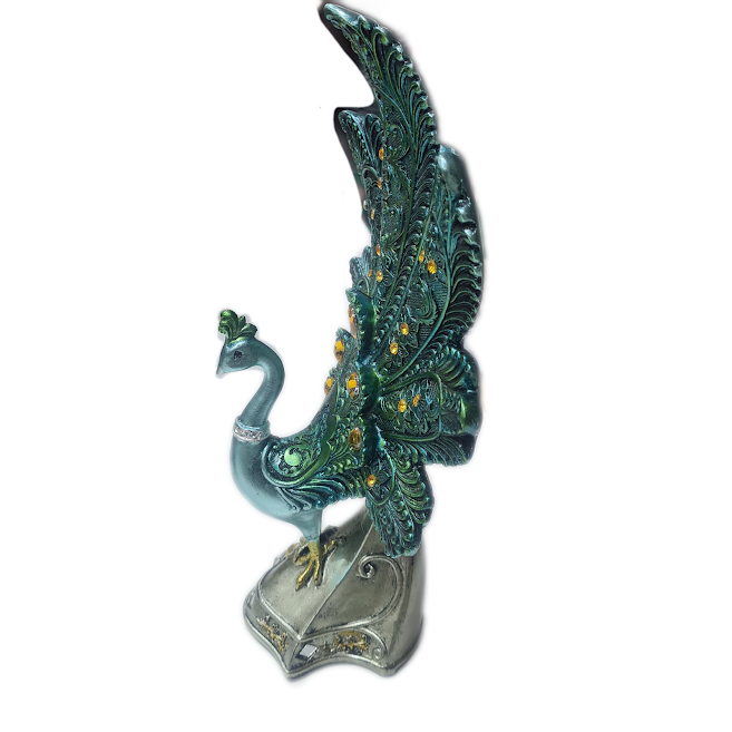 Blue Green Peacock on Silver Statue