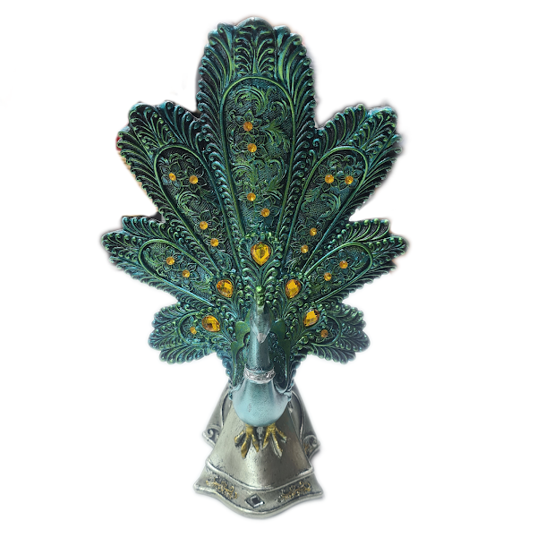 Blue Green Peacock on Silver Statue